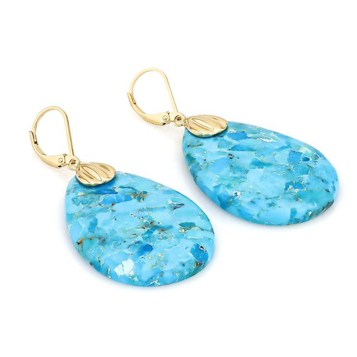 Turquoise Large Pear Dangle Earrings In 18K Gold Over Sterling Silver 35x25mm