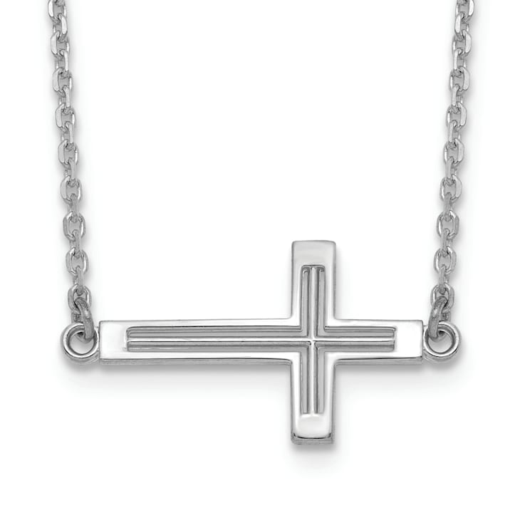 Rhodium Over 14K White Gold Sideways Cut-out Cross Necklace