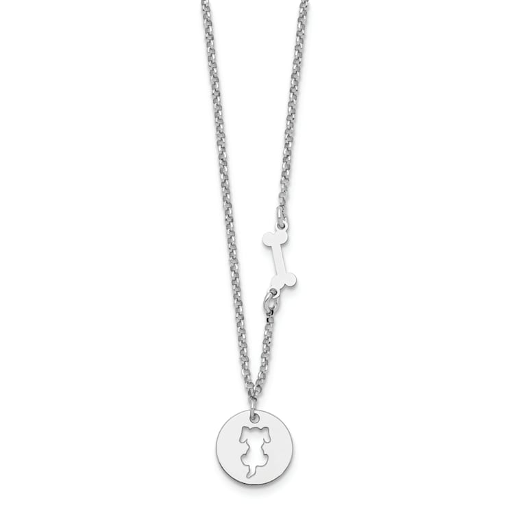 Sterling Silver Rhodium-plated Puppy and Bone with 1-inch Extension Necklace