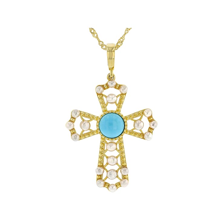 Turquoise And Cultured Seed Pearl Cross Pendant Necklace In 18K Gold
Over Sterling Silver