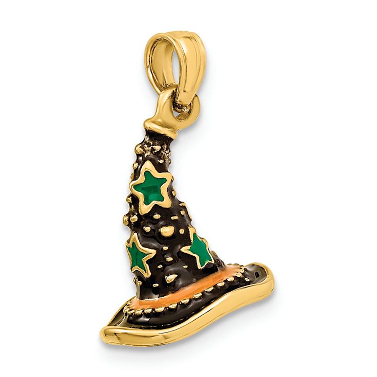 14k Yellow Gold Textured and Enameled 3D Witch's Hat (Halloween) Charm