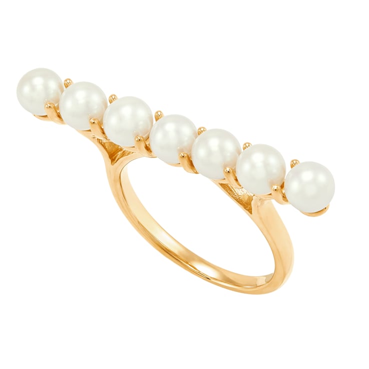 4.5-5mm Round White Freshwater Pearl 14K Yellow Gold Bar Design Ring