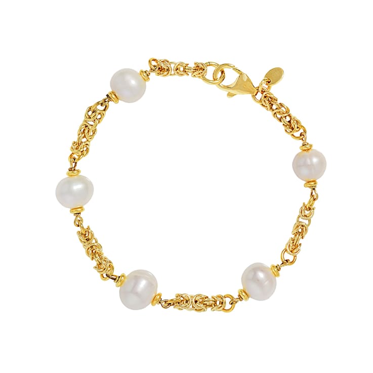 Cultured Freshwater Pearl Byzantine Chain Station Bracelet In 18K Gold
Over Bronze 8mm