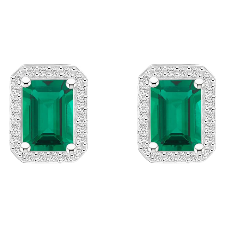 7x5mm Emerald Cut Created Emerald And Created White Sapphire 10k White
Gold Halo Stud Earrings