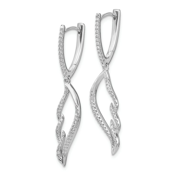 Rhodium Over 14k White Gold Diamond Wing Hinged Hoop Dangle Earrings
