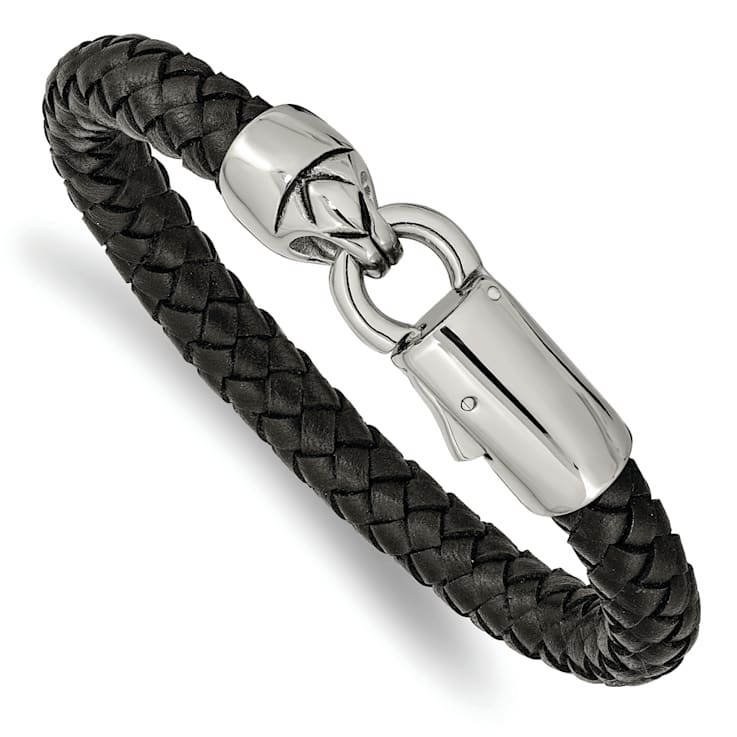 Black Leather and Stainless Steel Antiqued and Polished 8.25-inch Bracelet