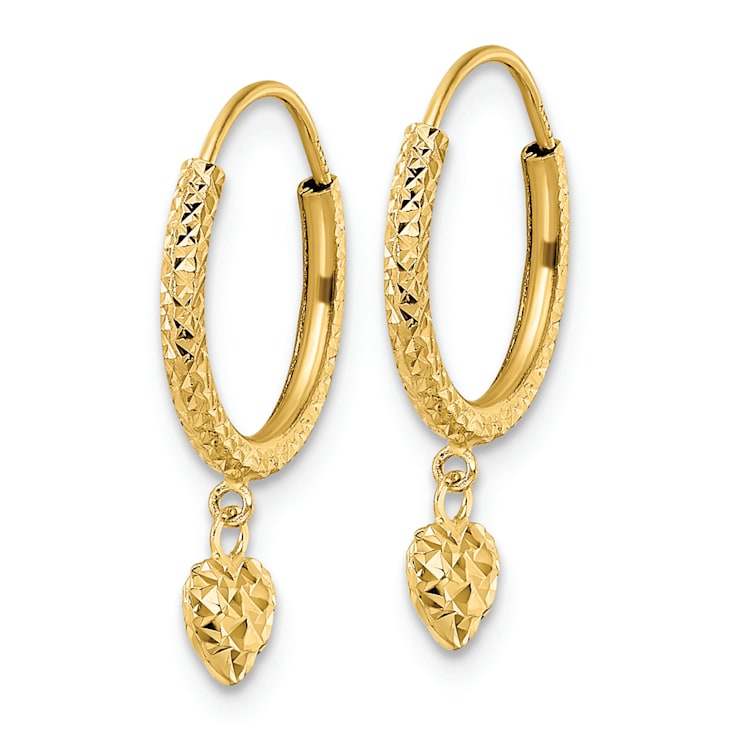 14k Yellow Gold Diamond-cut Heart Hoop Earrings