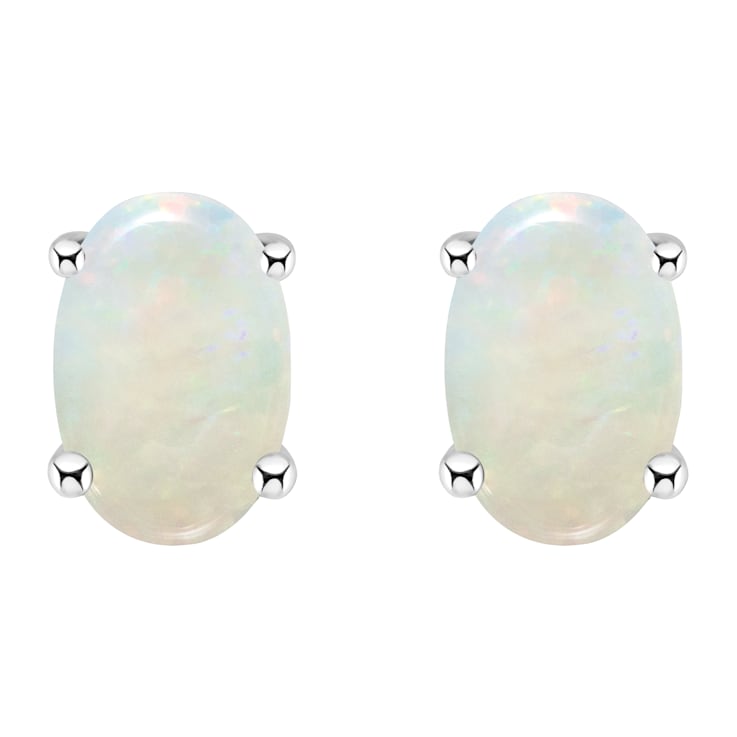 6x4mm Oval Opal 14k White Gold Stud Earrings