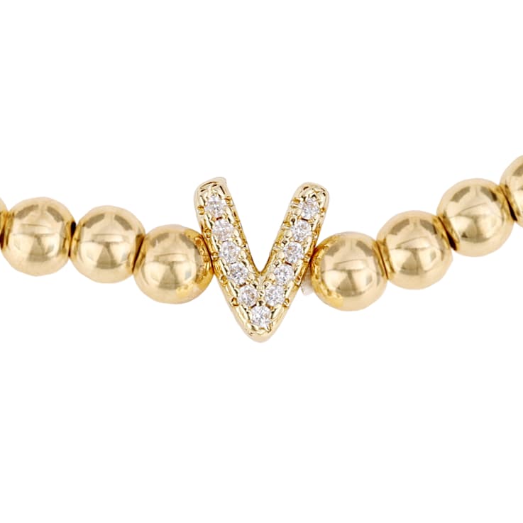 Initial V CZ Beaded Bracelet Set In 14K Gold Over Brass 0.10ctw