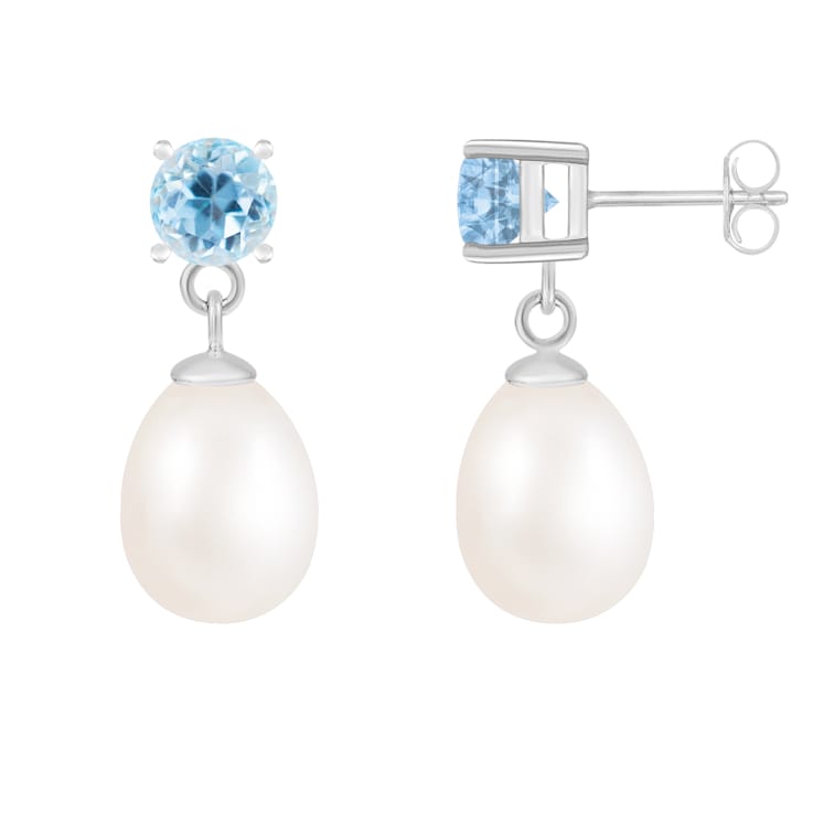 White Freshwater Pearl And Blue Topaz Dangle Earrings In Sterling Silver