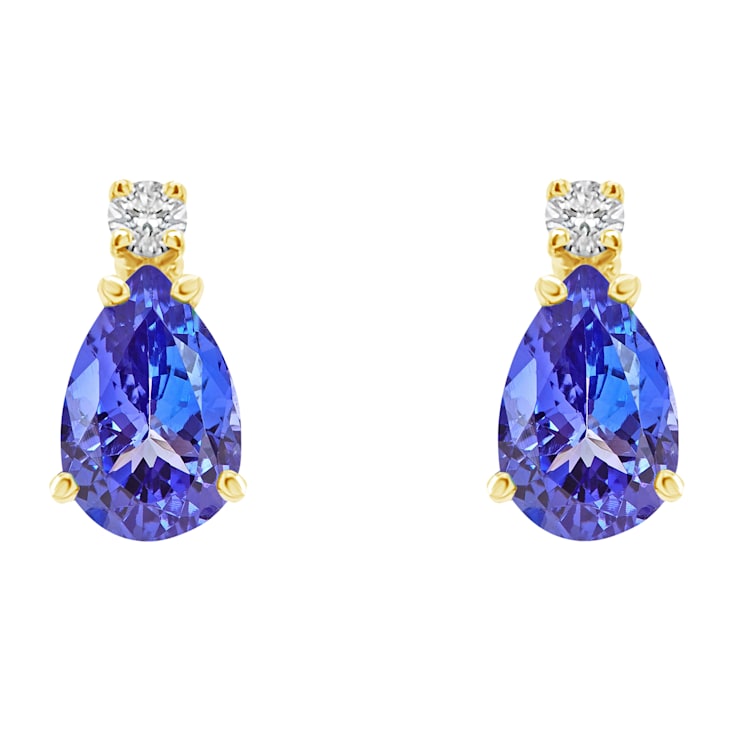6x4mm Pear Shape Tanzanite with Diamond Accents 14k Yellow Gold Stud Earrings