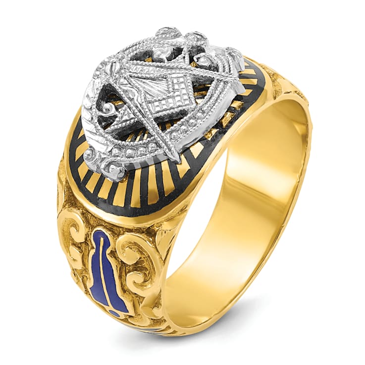 10K Two-Tone Yellow and White Gold Men's Textured and Enameled Masonic
Blue Lodge Ring