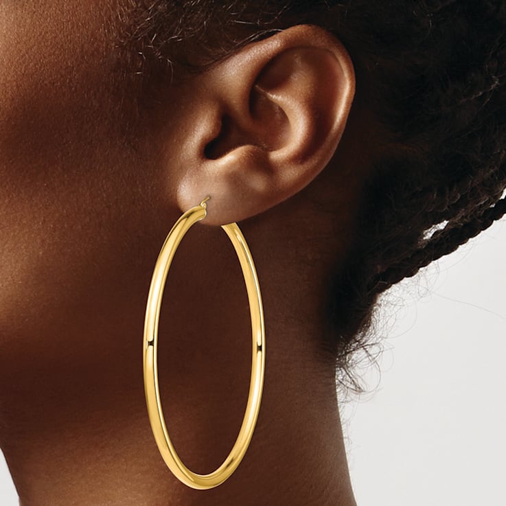 14k Yellow Gold 3 5/16" Polished Tube Hoop Earrings