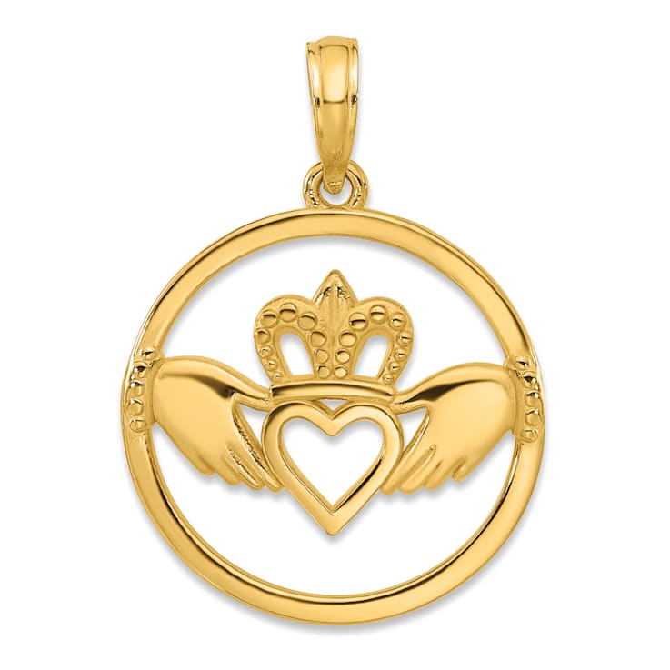 14k Yellow Gold Textured Claddagh Circle Pendant