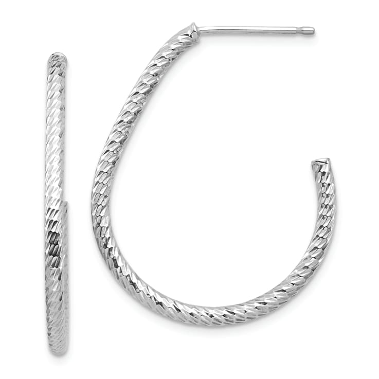 Rhodium Over 14k White Gold 1 3/16" Polished Diamond-Cut J-Hoop Earrings