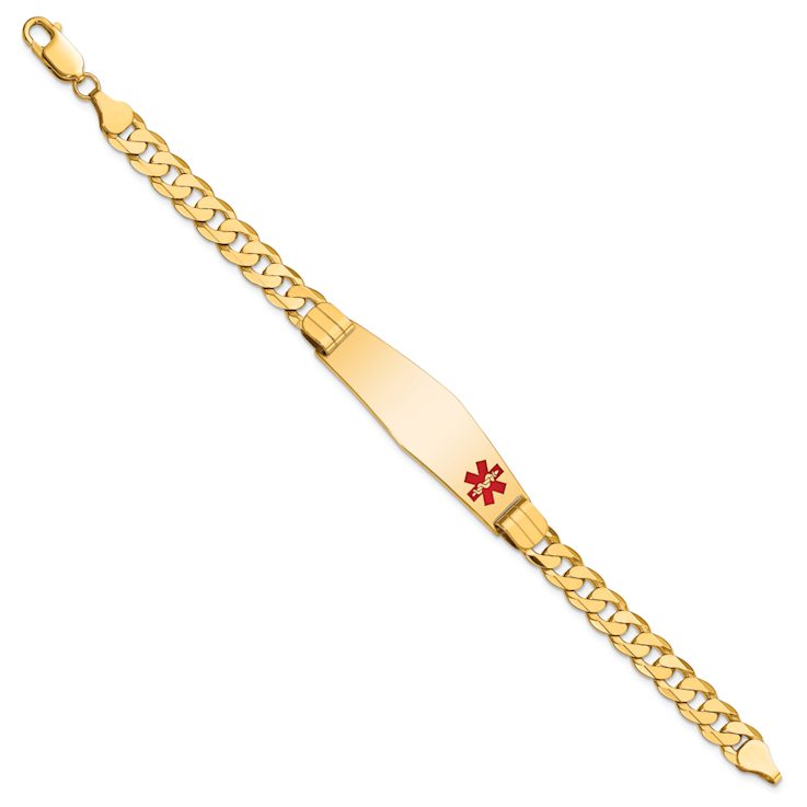 10k Yellow Gold Medical Soft Diamond Shape Red Enamel Curb Link ID Bracelet
