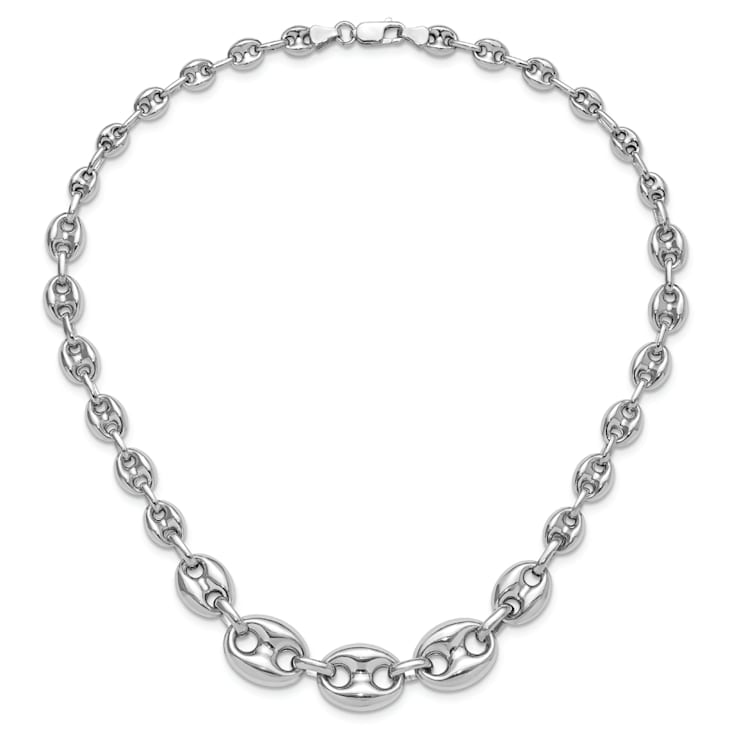 Rhodium Over Sterling Silver Hollow Graduated Marina Link 17-inch Necklace