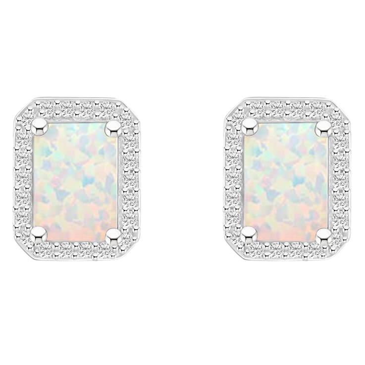7x5mm Emerald Cut Created Opal And Created White Sapphire 10k White Gold
Halo Stud Earrings