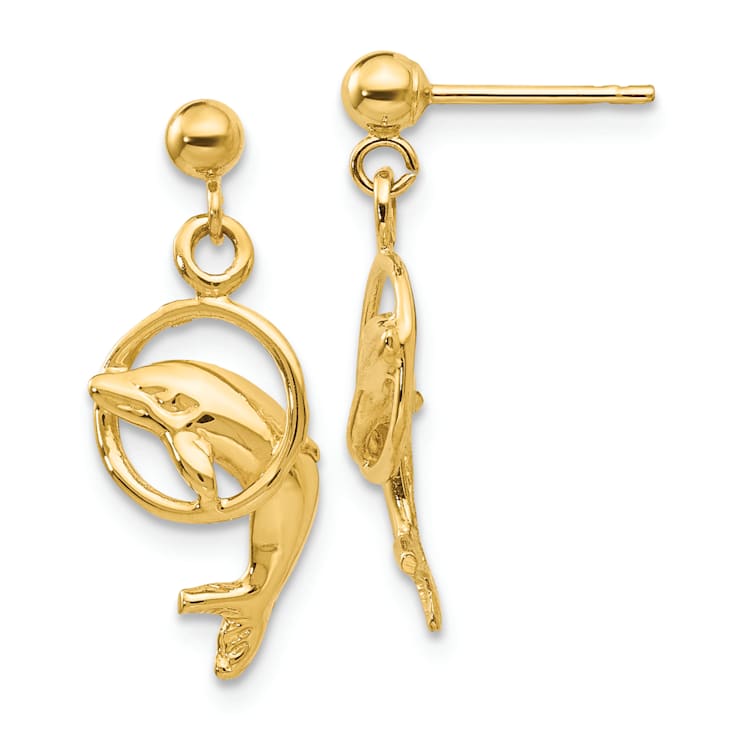 14k Yellow Gold Dolphin Dangle Earrings