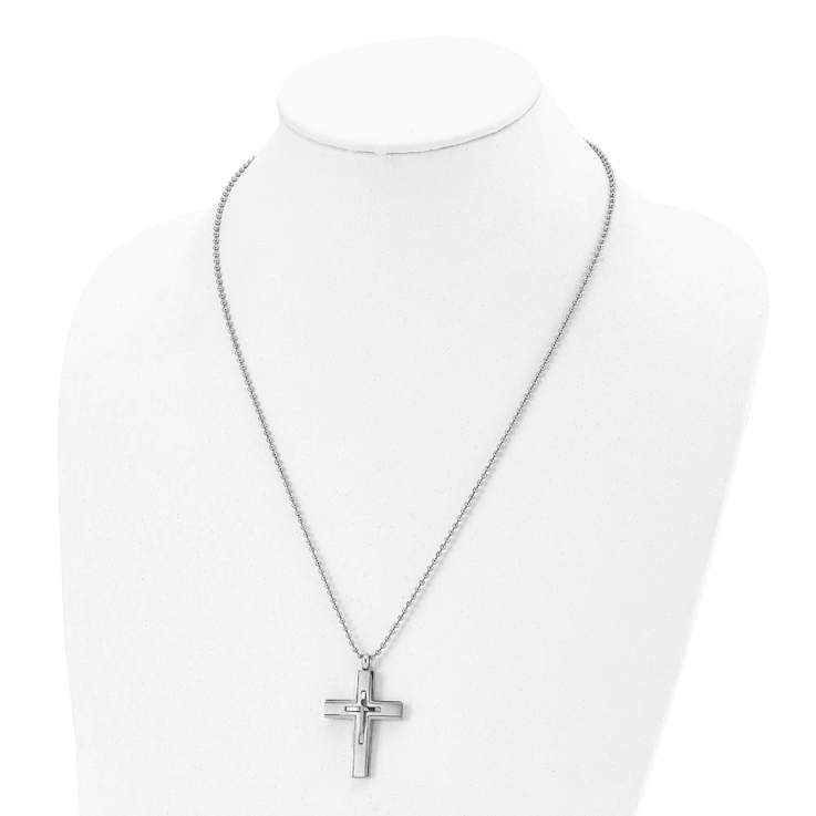Titanium Brushed and Polished Cross Pendant with 22 Inch Ball Chain