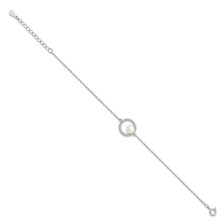 Rhodium Over Sterling Silver CZ 6-7mm White Button FW Cultured Pearl
with 1.25-inch Ext. Bracelet