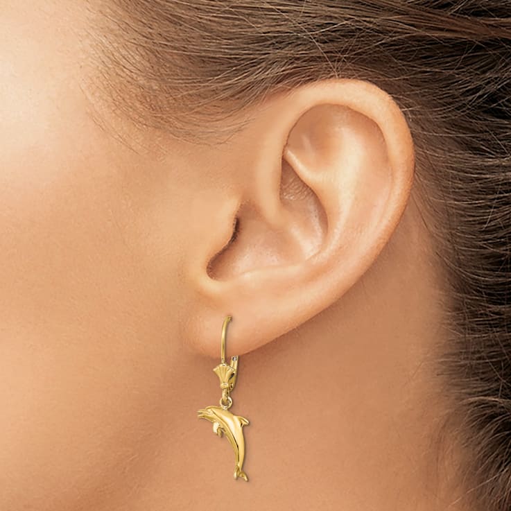 14k Yellow Gold 3D Mini Dolphin Jumping Dangle Earrings