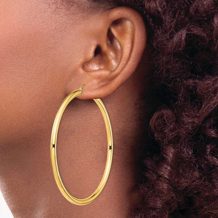 14k Yellow Gold 3 1/4" Polished Round Tube Hoop Earrings