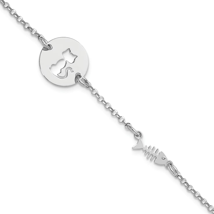Sterling Silver Rhodium-plated Kitty and Fish with 0.5 Inch Extension Bracelet