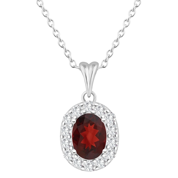 8x6mm Oval Garnet and White Topaz Accent Rhodium Over Sterling Silver
Halo Pendant w/Chain