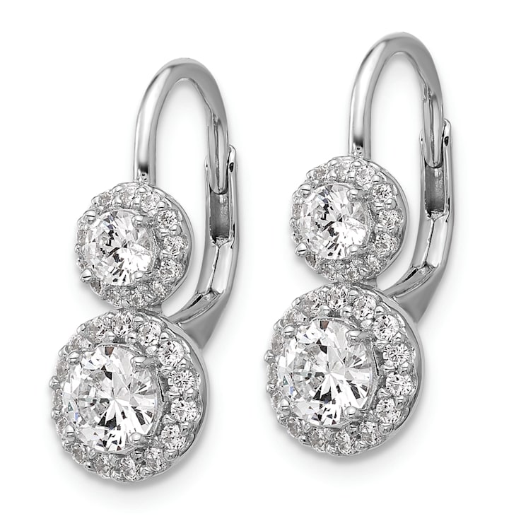 Rhodium Over Sterling Silver Double Round Cubic Zirconia Halo Leverback Earrings
