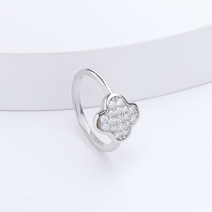 Moissanite Rhodium Over Sterling Silver 4-Leaf Clover Cluster Ring