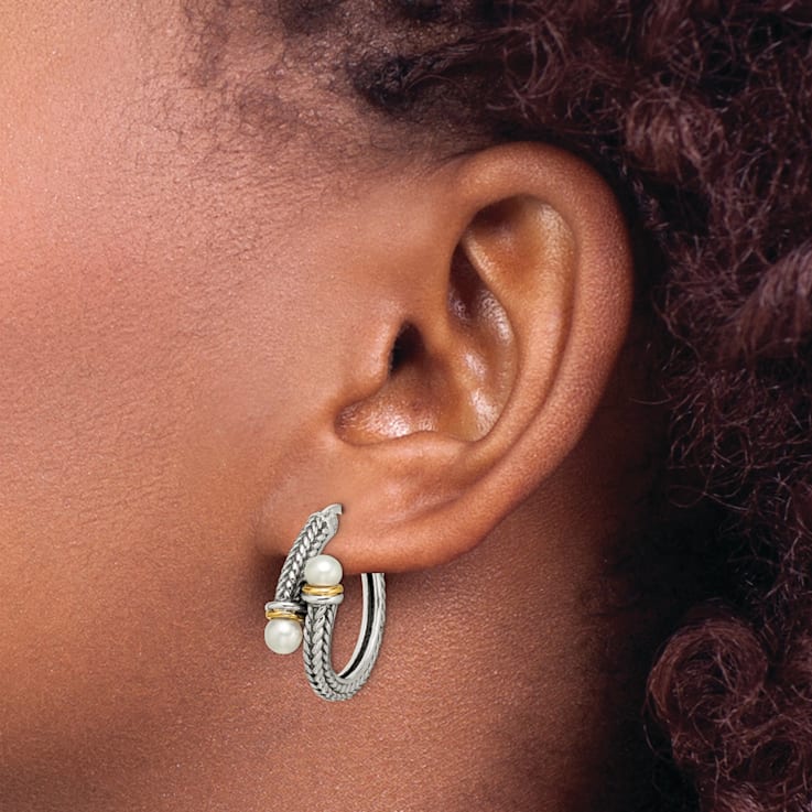 Sterling Silver Antiqued with 14K Accent 4mm Freshwater Cultured Pearl
Hoop Earrings