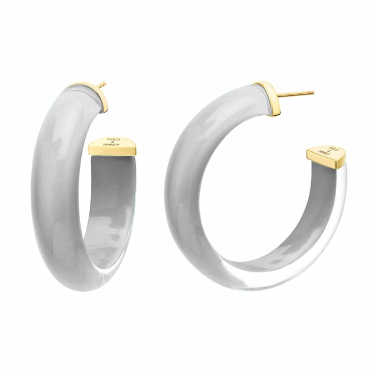 14K Yellow Gold Over Sterling Silver Medium Illusion Acrylic Hoops in Gray