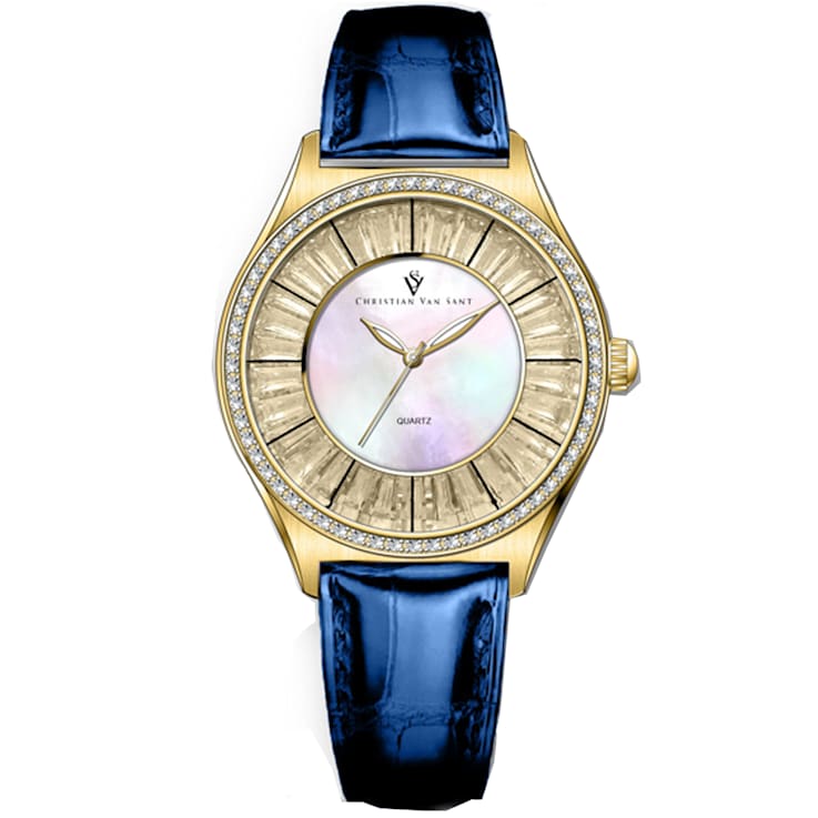 Christian Van Sant Women's Luna White Dial, Blue Leather Strap Watch