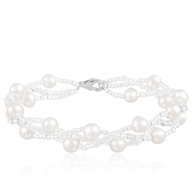 6-7mm White Cultured Freshwater Pearl Silver  Bracelet