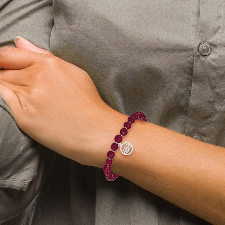 Stainless Steel Polished Lotus with Tassel Pink Jade Beaded Stretch Bracelet