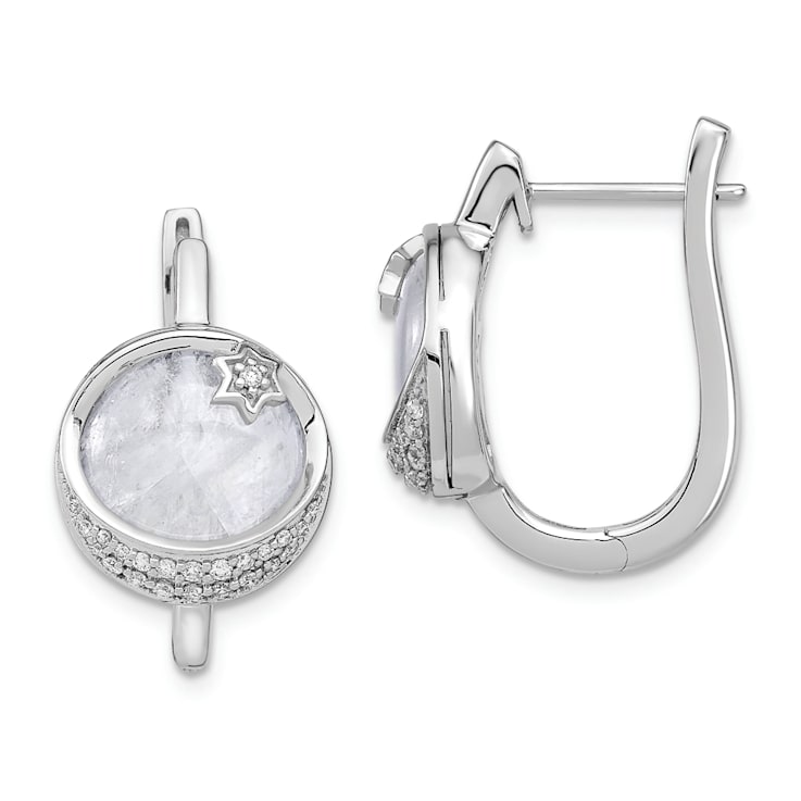 Rhodium Over 14k White Gold Moon and Star Hinged Hoop Earrings with
Moonstone and Diamonds
