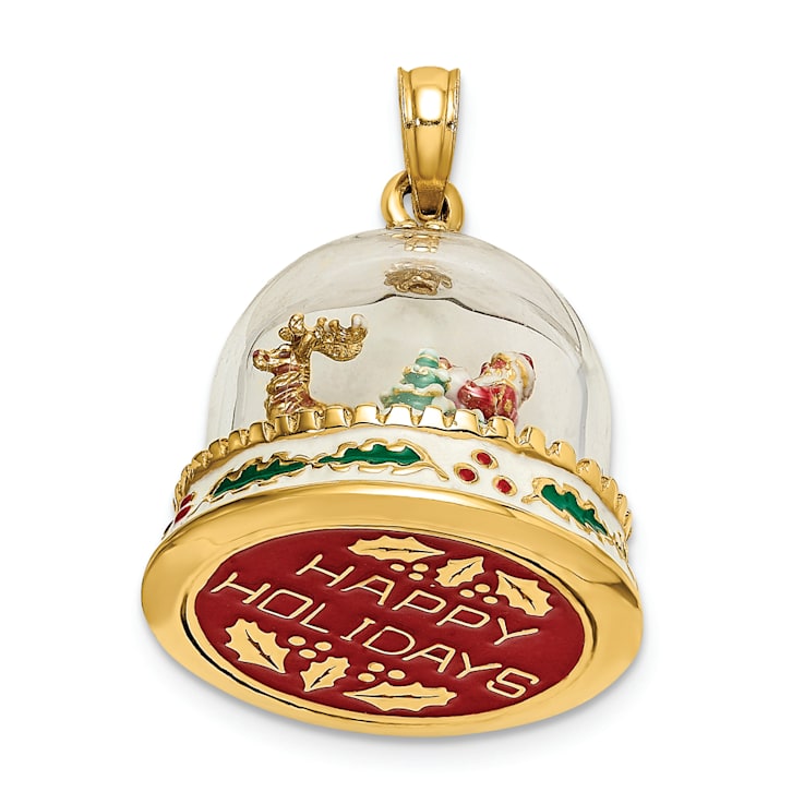 14k Yellow Gold 3D Enameled Christmas Snow Globe Pendant