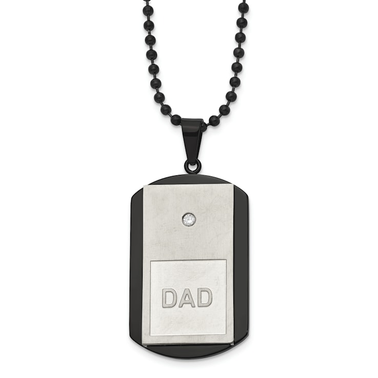 White Cubic Zirconia Stainless Steel Brushed Black IP-plated Men's Dad
Dog Tag Pendant With Chain
