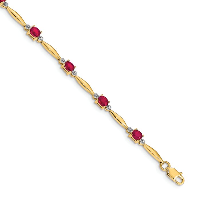 10k Yellow Gold and Rhodium Over 10k Yellow Gold Diamond and Oval Ruby Bracelet