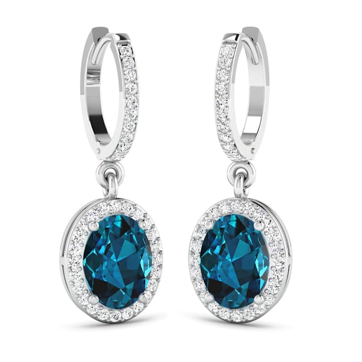 2.20ctw 14K White Gold London Blue Topaz  and White Diamond Halo Earrings
