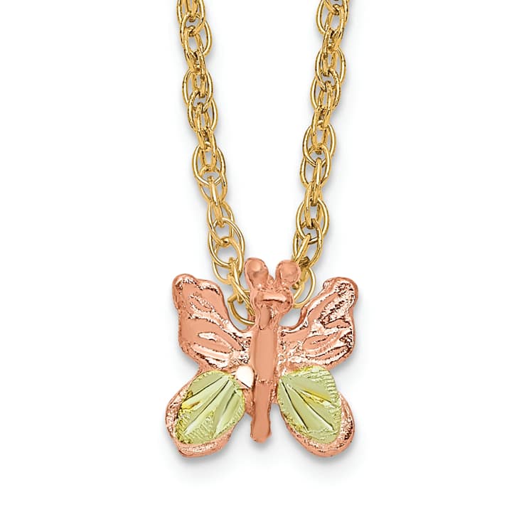 10k Yellow Gold With 12k Rose Gold and 12k Green Gold Accent Butterfly
Pendant With 18 Inch Chain