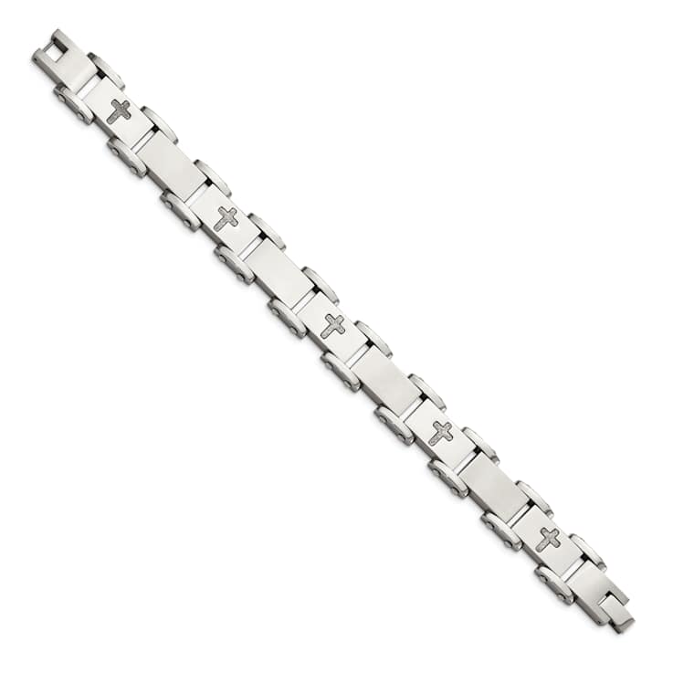 Stainless Steel Brushed Polished and Laser Cut Crosses Bracelet