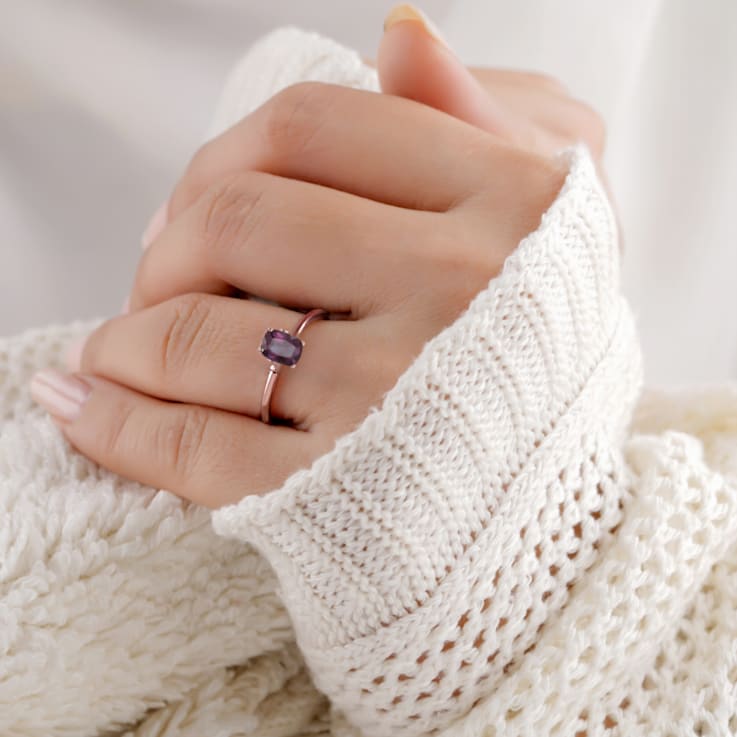 Blue Lab Created Alexandrite Rectangular Cushion 14K Rose Gold Over
Sterling Silver Solitaire Ring