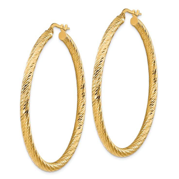 14k Yellow Gold 1 15/16" Diamond-cut Round Hoop Earrings