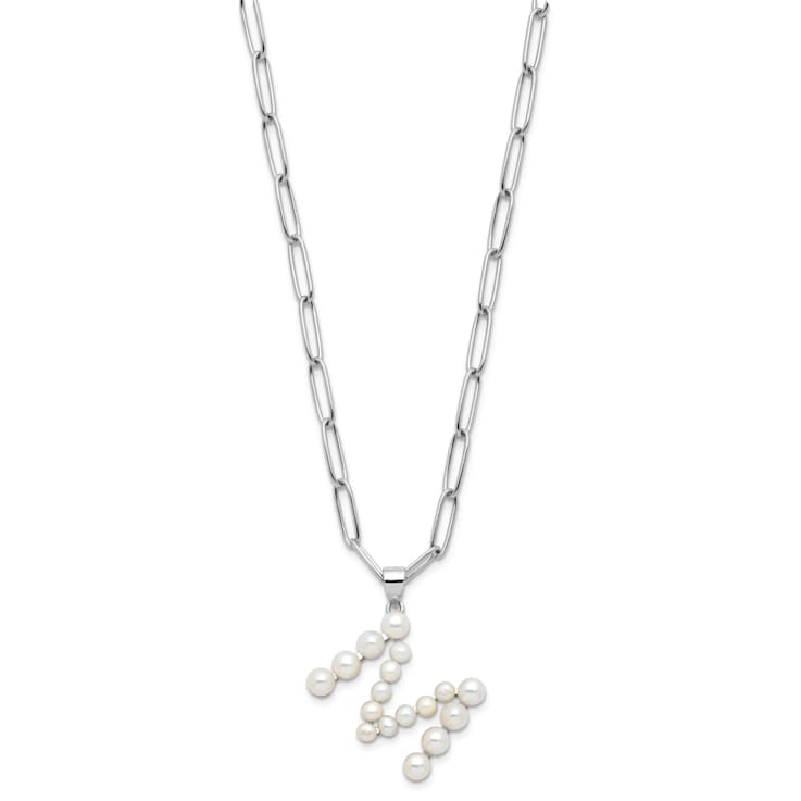 Rhodium Over Sterling Silver 3-5.5mm Freshwater Cultured Pearl LETTER M
18-inch Necklace