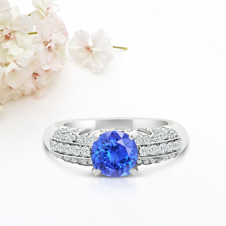 14K White Gold Round Tanzanite and Diamond Ring, 1.72ctw