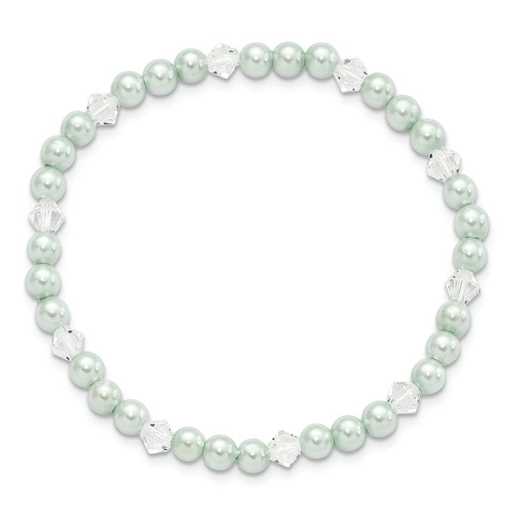 Children's 4mm Green Shell Bead and Crystal Stretch Bracelet