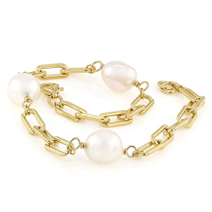 Cultured Freshwater Pearl Station Paperclip Chain Bracelet In 14K Gold
Over Sterling Silver 8mm