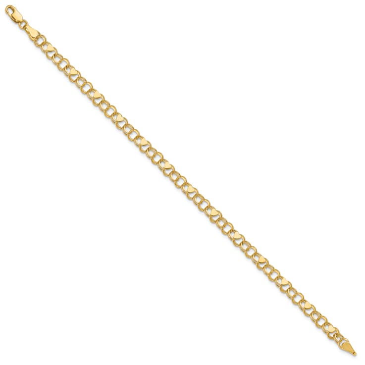 14k Yellow Gold 4mm Double Link Heart Charm Bracelet